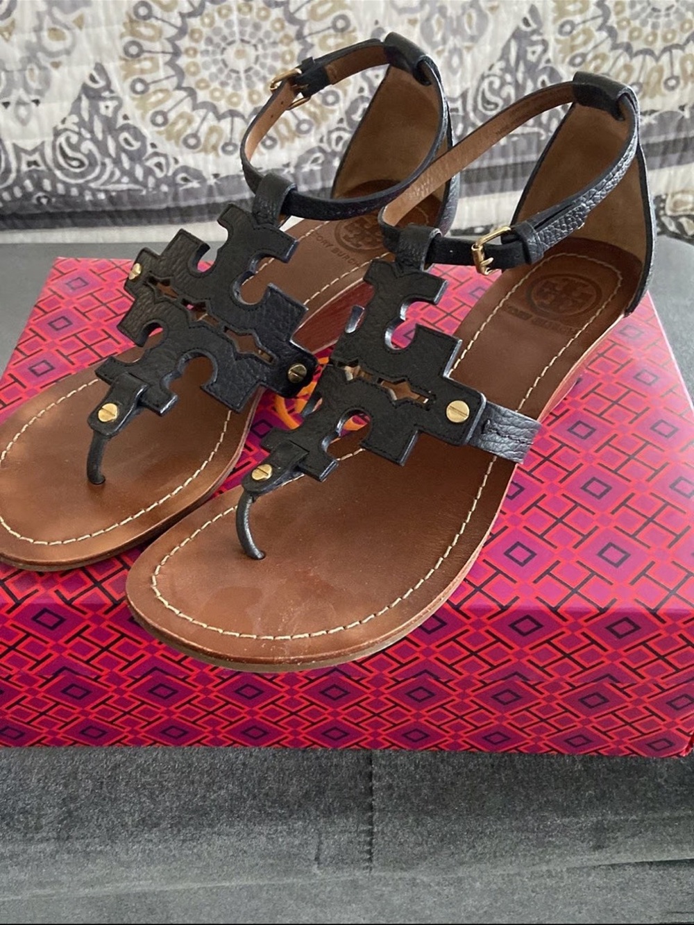 Tory Burch Navy Leather Phoebe Sandals